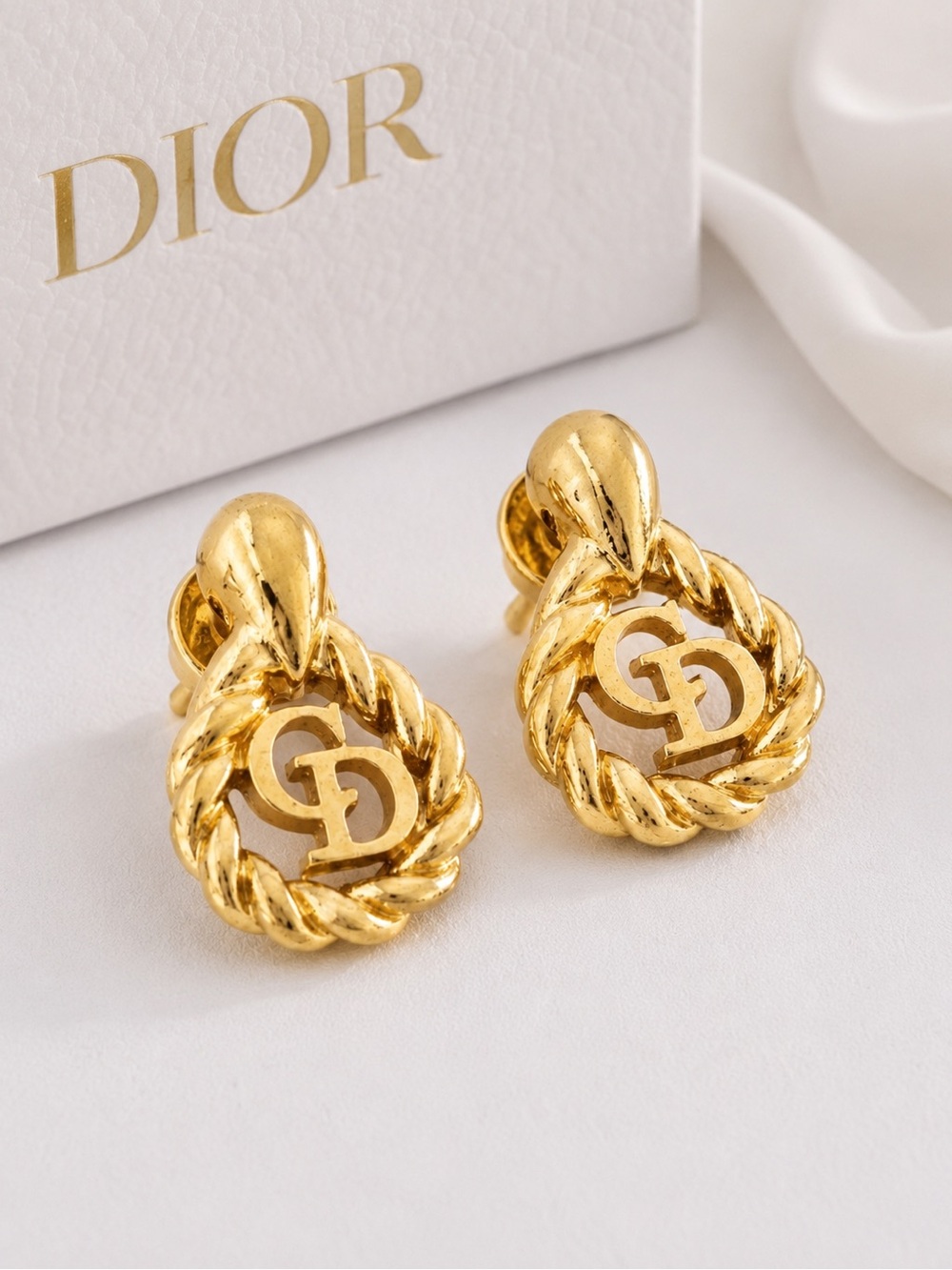 Dior 14k Rope-Frame CD Drop Earrings